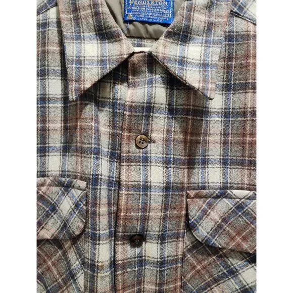 Vintage 1960 60s Pendleton Wool Board Flannel Plaid Loop Collar Flap Pockets L - Picture 3 of 8